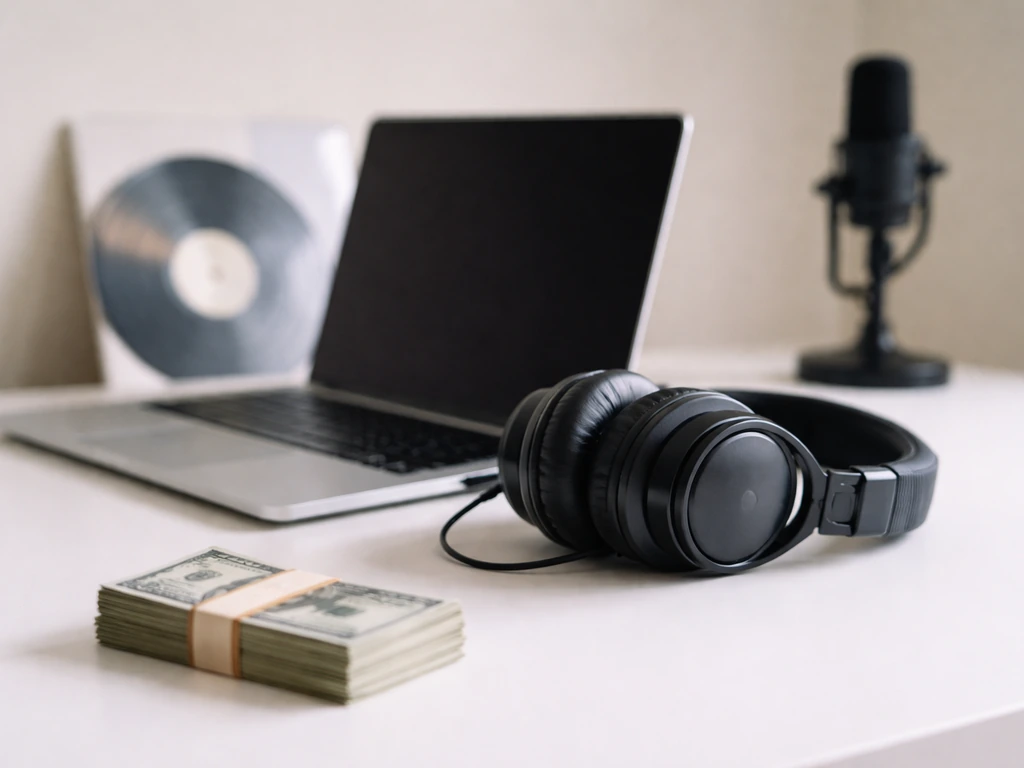 Minimal photo of a laptop beside studio headphones and a small stack of cash, symbolizing indie-rap income sources.