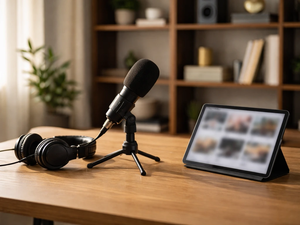 Minimal photo of a podcast studio desk with a microphone and streaming-media devices, suggesting valuation from public s