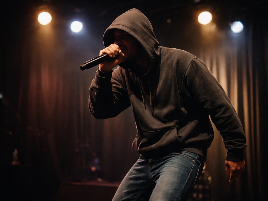 A solo rapper performs on a dimly lit stage with a handheld microphone and dramatic light.