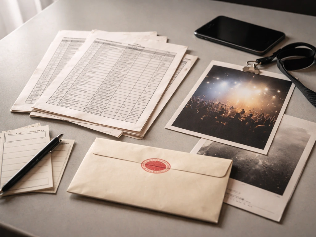 Tour paperwork and generic concert promo materials laid on a desk to suggest live performance revenue.