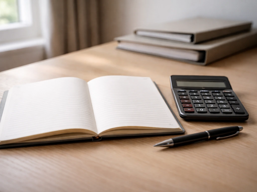 Minimal desk scene with neatly arranged documents and a calculator, suggesting a step-by-step estimate calculation.