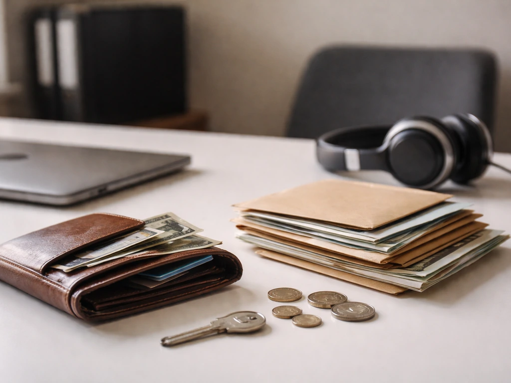 Open wallet and cash envelopes on a studio desk with laptop and headphones, symbolizing assets vs liabilities.