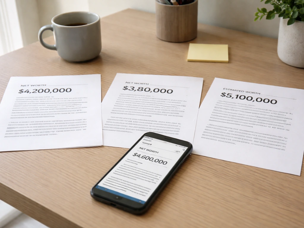 Minimal home-office desk with phone and printed pages showing differing net-worth-style figures side-by-side.