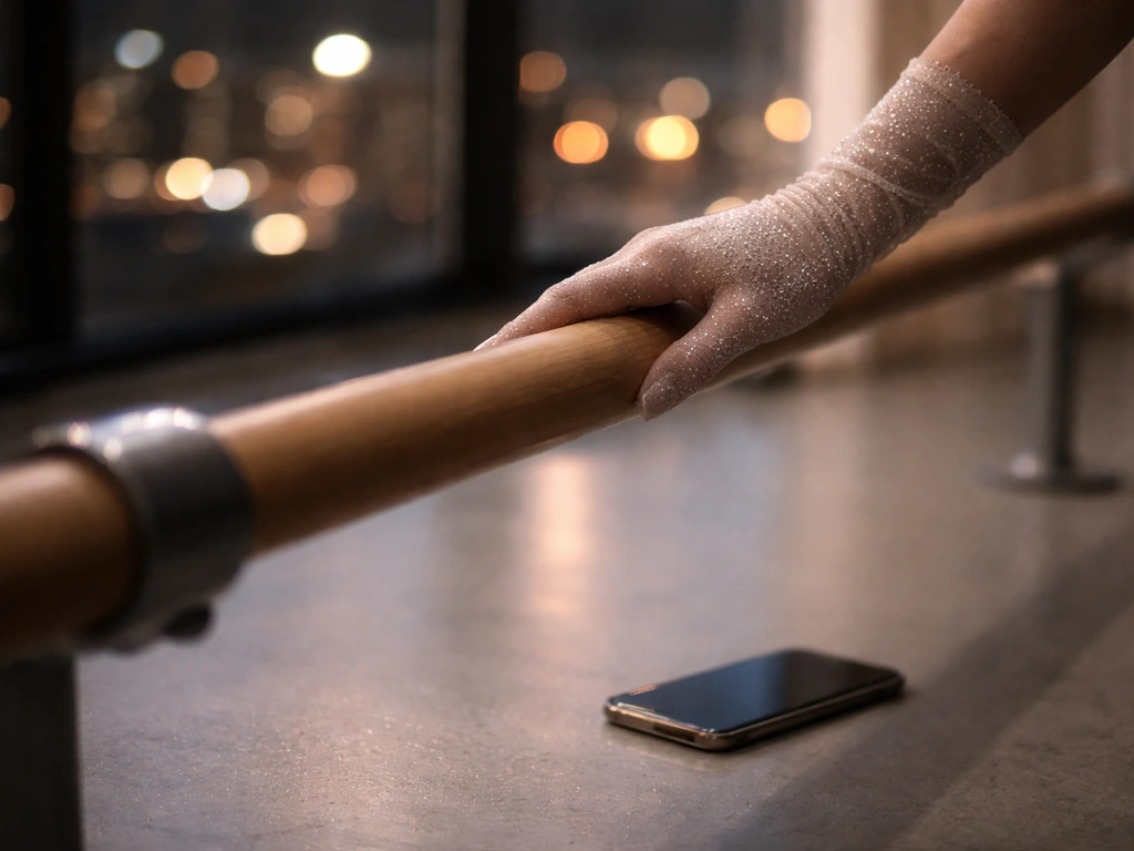 Close-up of a dancer’s glittery hand near a studio mirror with soft city lights and a smartphone