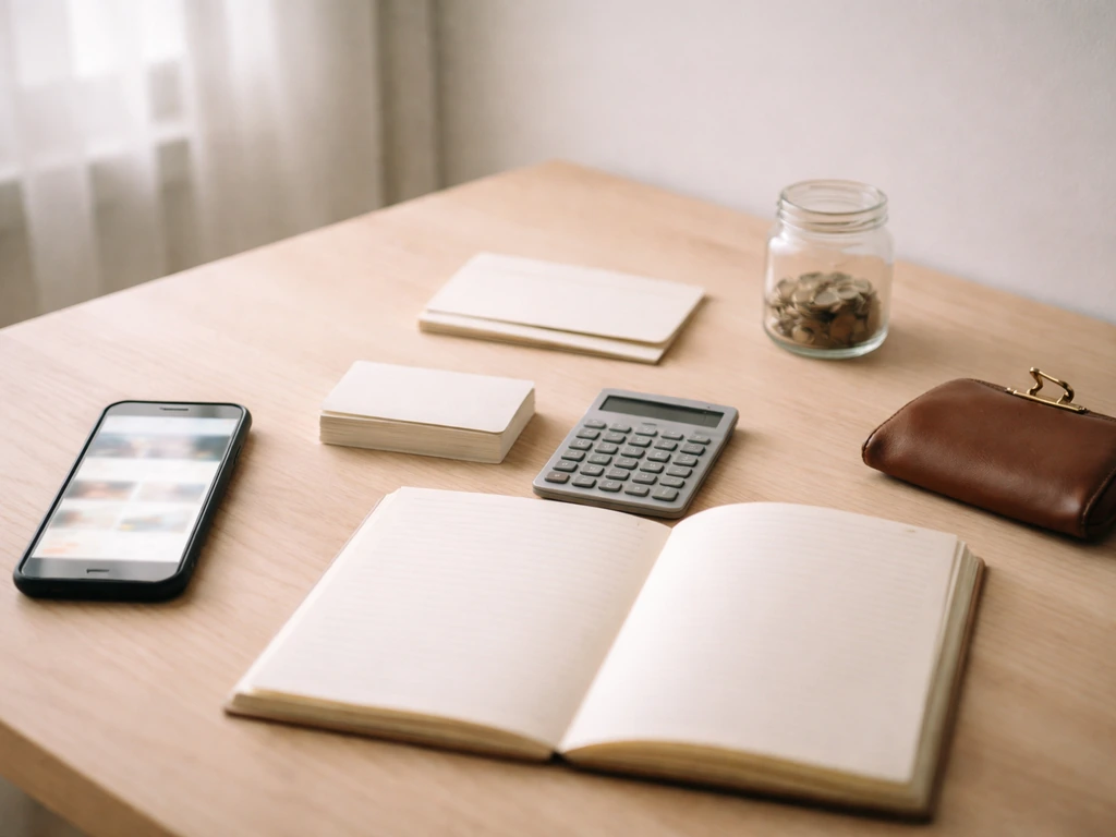 Minimal home office desk with blurred phone, calculator, coins jar, and unmarked envelopes symbolizing confirmed vs assu