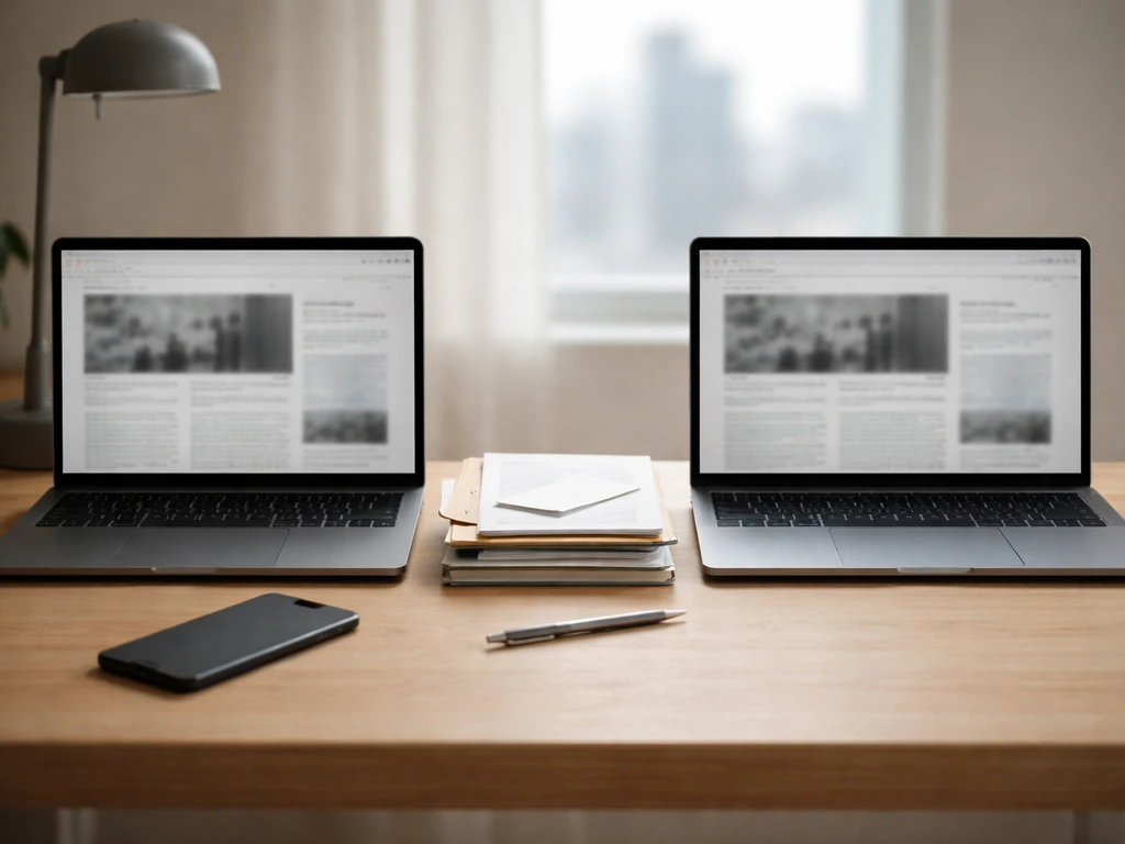 Two open laptops on a desk with blurred finance pages, symbolizing conflicting net-worth claims