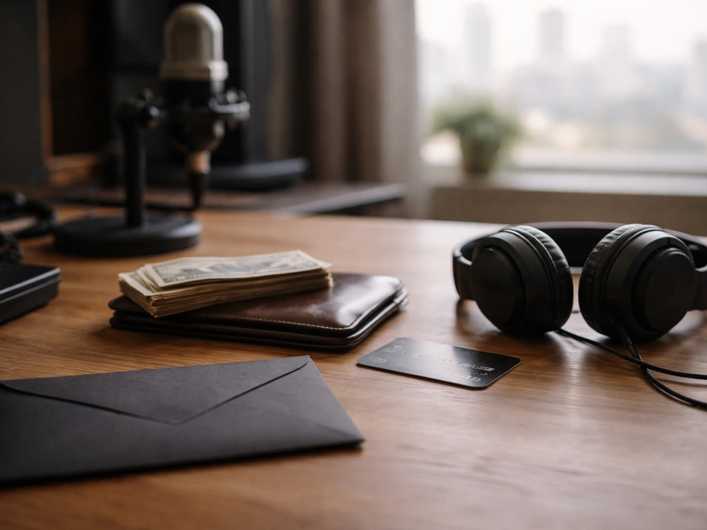 Minimal photo of a music studio desk with cash and a closed notebook beside a shadowed credit card—net worth concept.