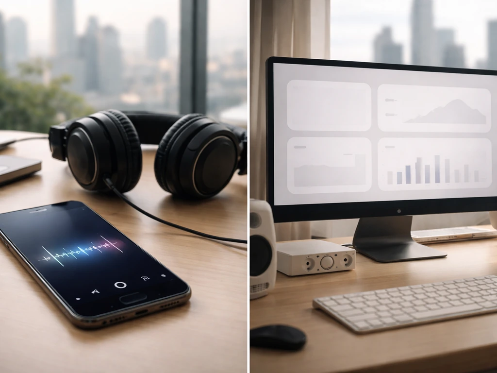 Minimal split scene of phone music visuals and a generic royalty dashboard on a desk