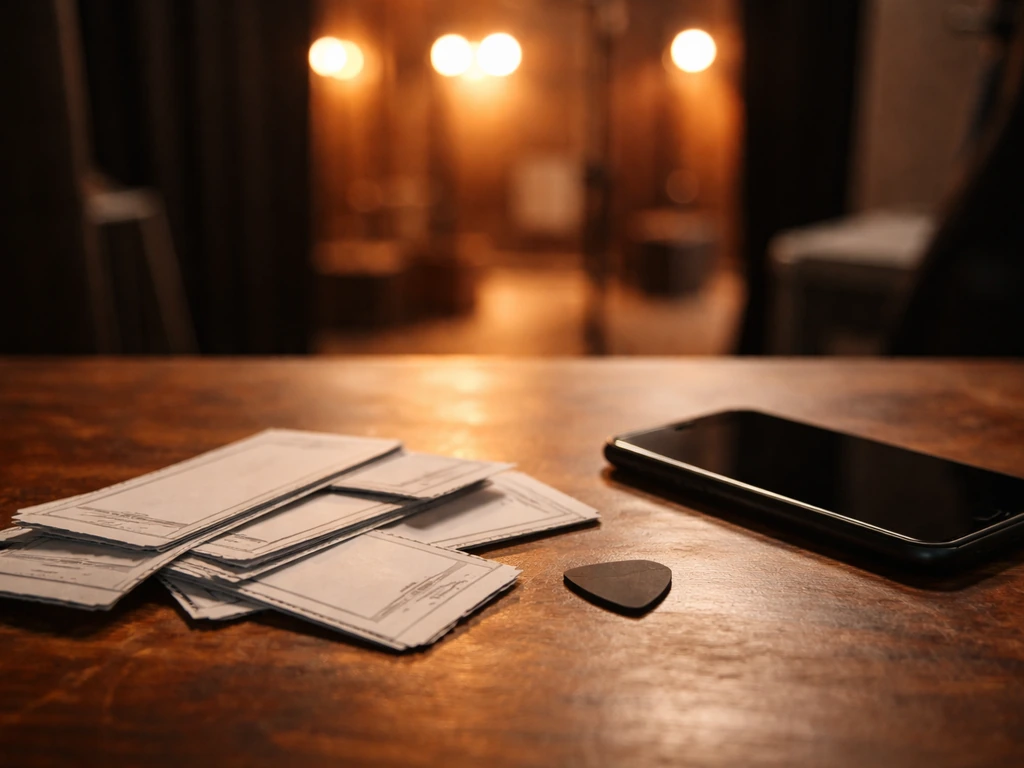 Minimal backstage scene with concert ticket stubs, a guitar pick, and a smartphone showing blurred stage lights