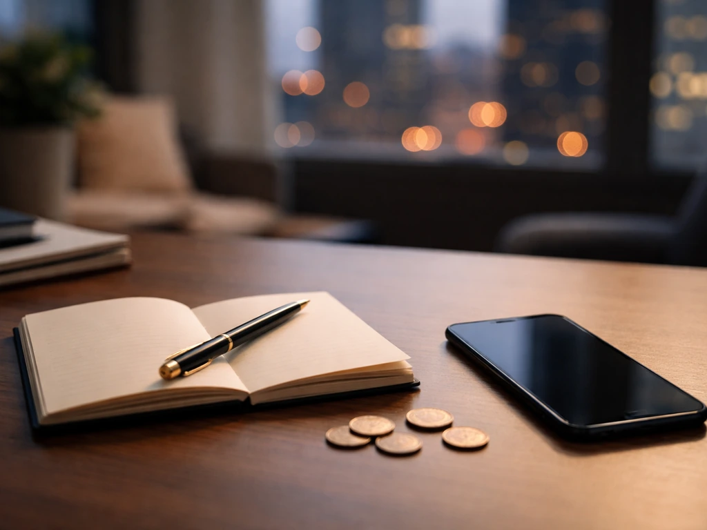 Close-up of a notebook beside scattered coins on a desk, with soft blurred office lights in the background