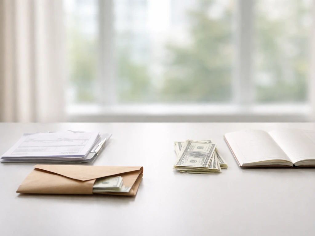Minimal office scene with a cash envelope and a few papers beside an open folder suggesting assets vs liabilities