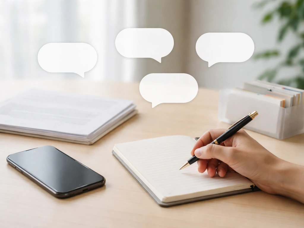 Hands review a blank desk checklist setup with phone, notebook, and empty callout bubbles.
