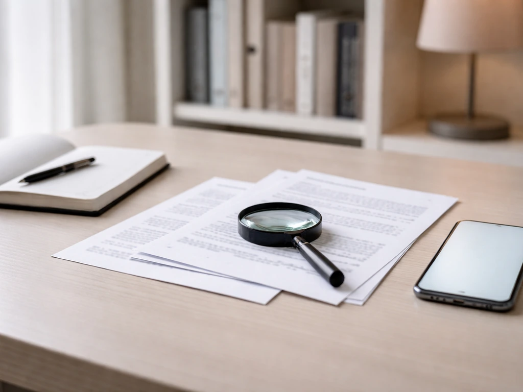Magnifying glass over overlapping documents on a desk, with a blank smartphone beside it—symbolic verification.
