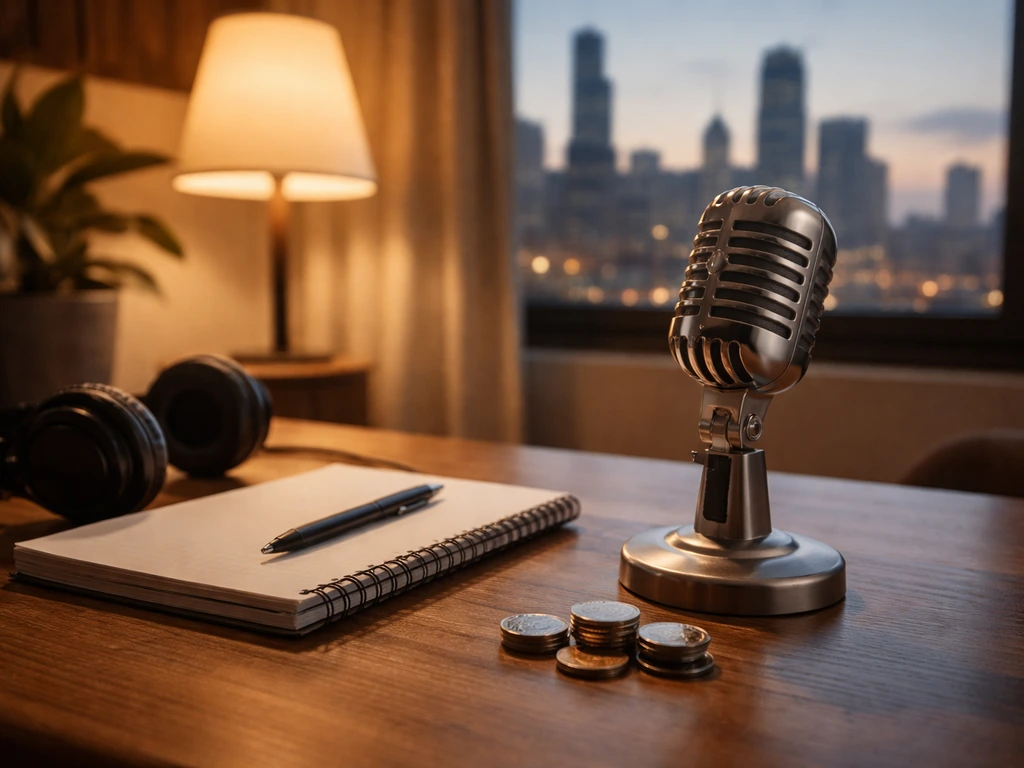 Chicago comedy creator vibe shown by a mic and notebook on a studio desk, money-themed ambiance