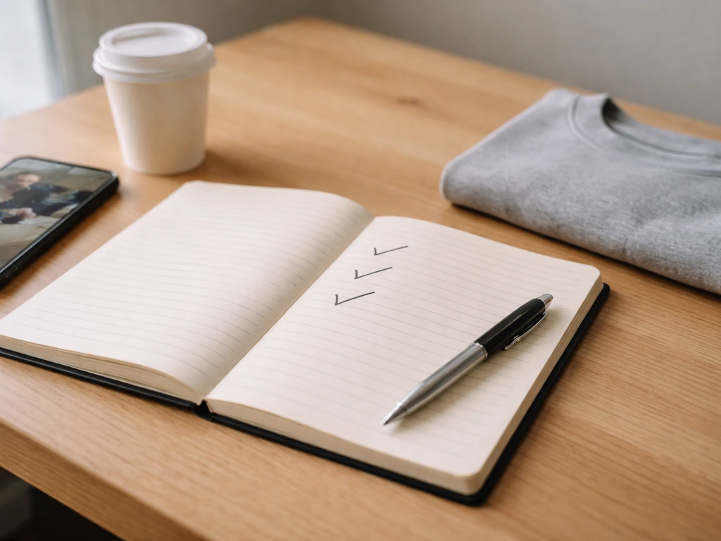 Minimal desk scene with a notebook and checkmarks next to phone and folded t-shirt fabric.