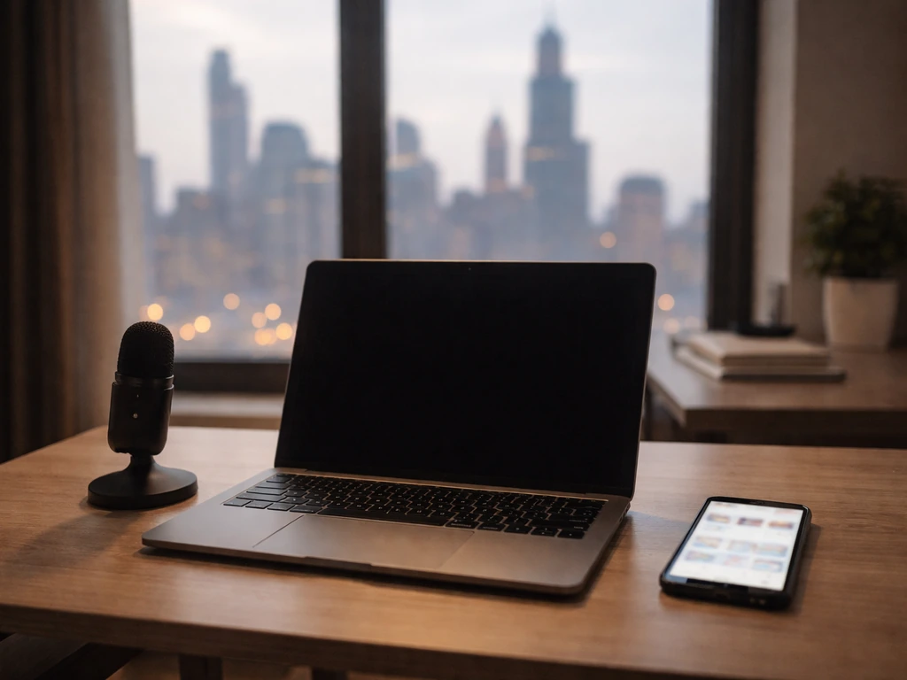 Anonymous laptop and smartphone on a desk with blurred YouTube-style stats and a small microphone, Chicago window light.