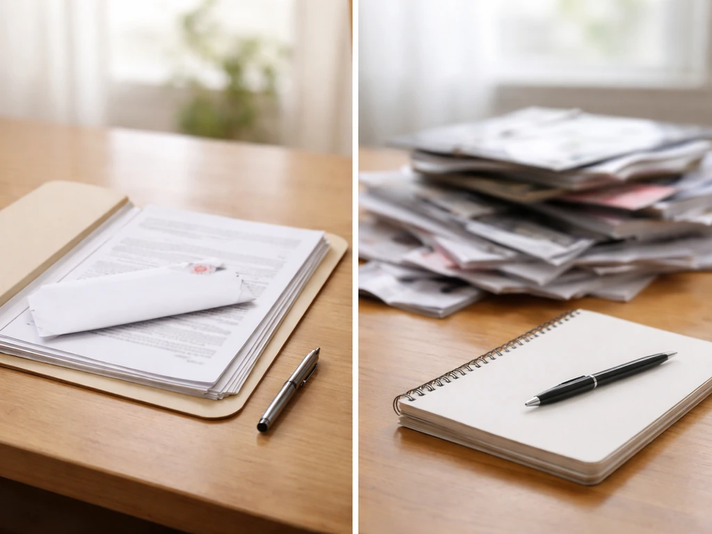 Minimal desk scene with focused documents on one side and blurred magazines/notebook on the other.