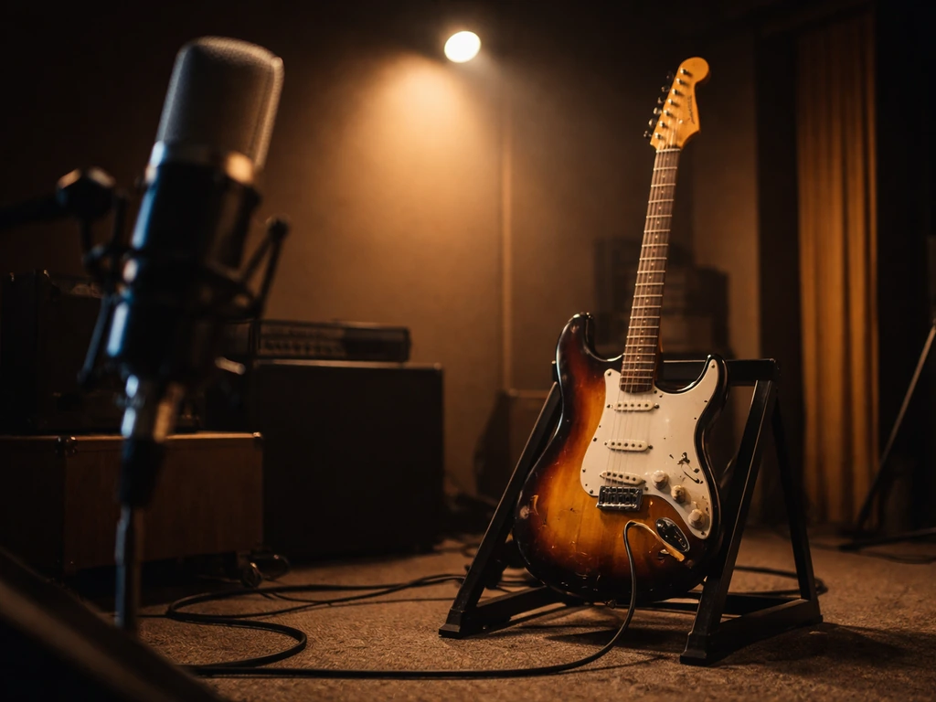 Vintage electric guitar and studio microphone in a quiet recording room, no person visible.