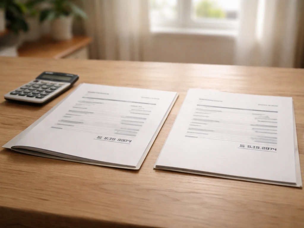 Two stacked folders labeled by date, one showing different totals, on a desk with a calculator nearby