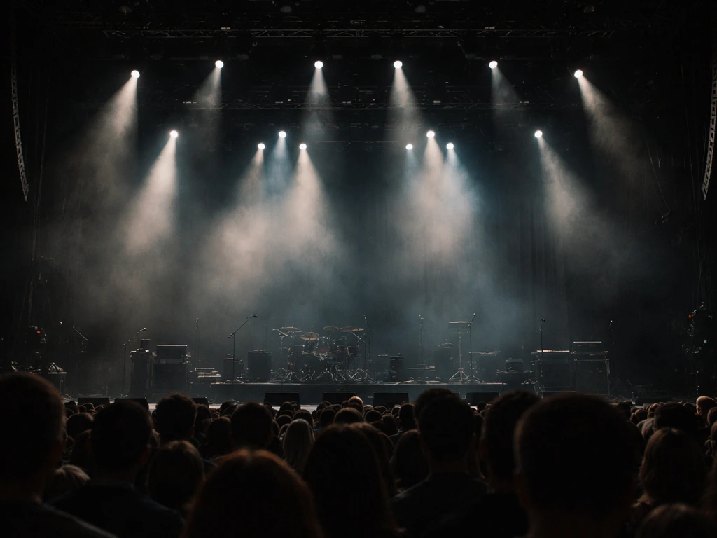 Audience view toward a brightly lit concert stage with soft spotlights and light haze