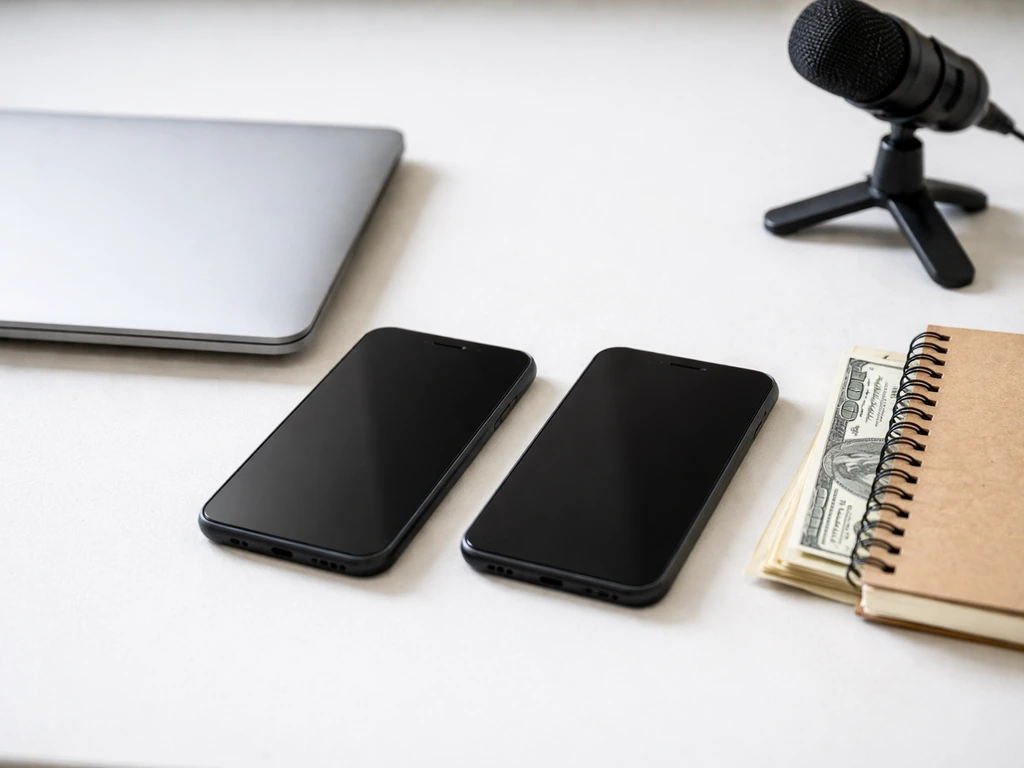 Minimal desk scene with two phones, laptop, cash, and a small microphone for comparing estimates.