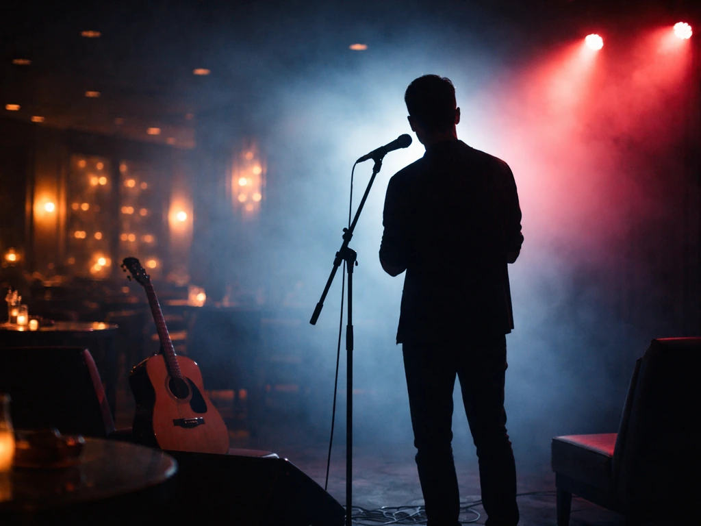 Silhouetted singer on a dim stage under colorful lights, microphone stand and guitar nearby.
