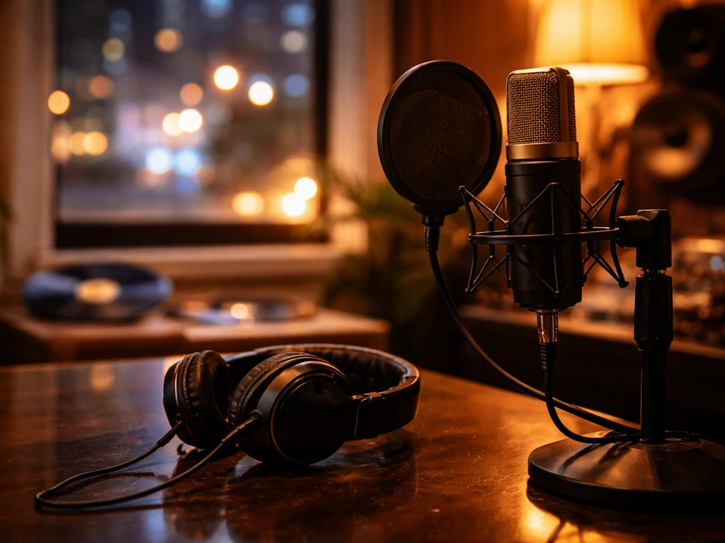Upscale music studio scene with microphone and headphones, softly blurred city lights in the background.