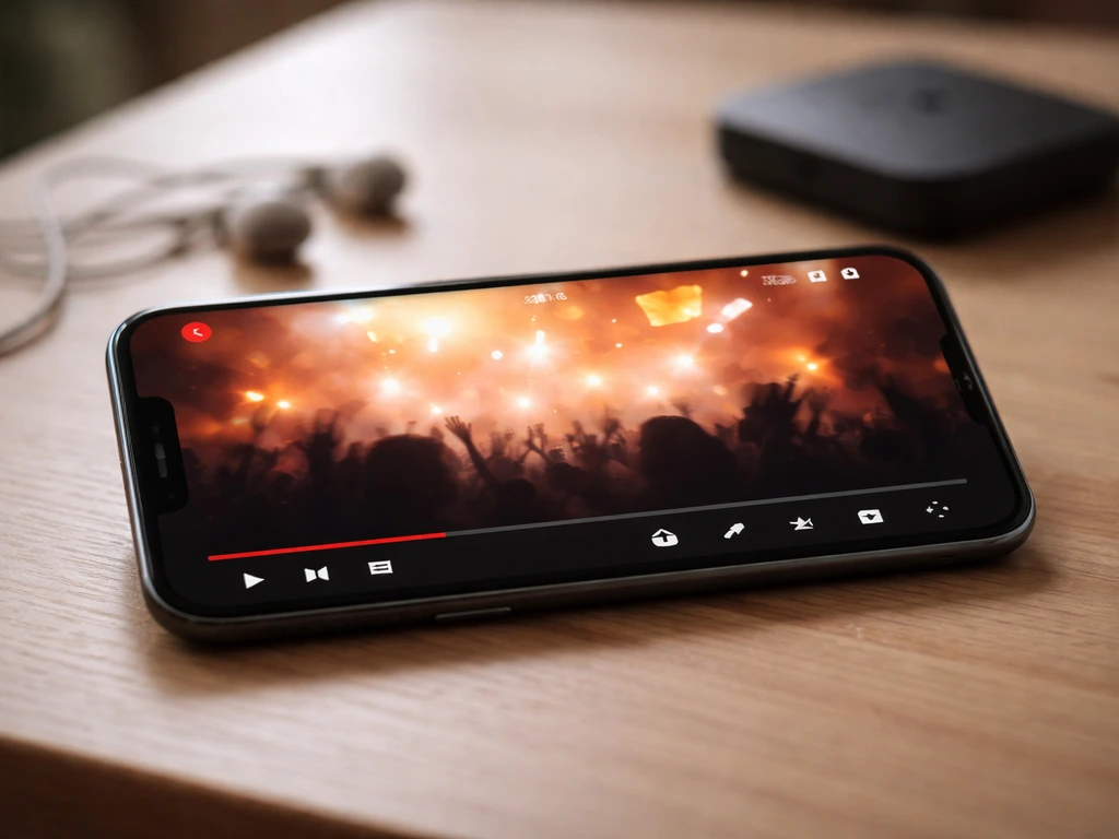 Close-up of a smartphone playing a YouTube-style music video on a table with earbuds nearby.