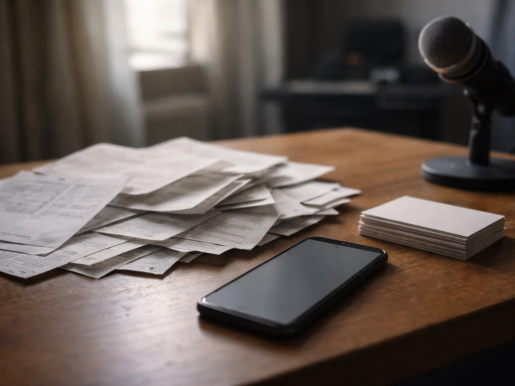 Messy desk with scattered receipts and a muted smartphone showing abstract financial uncertainty vibes