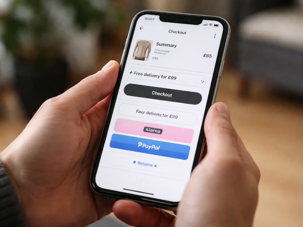 Close-up of a checkout page on a UK ecommerce site showing delivery threshold, Klarna, and PayPal options.