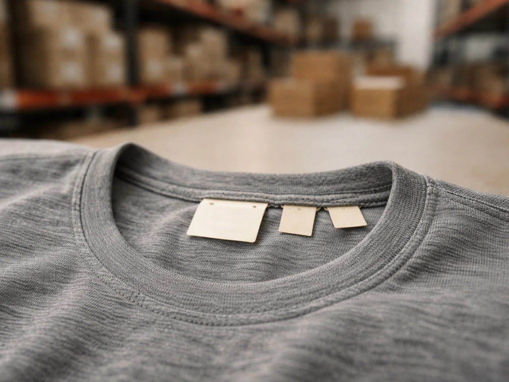Close-up of workwear fabric labels and brand tags on a clothing item in a warehouse setting