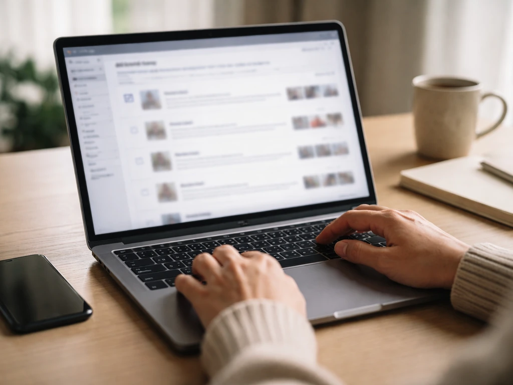 Handheld photo of a laptop showing a generic social-media ad search results page with no readable text.