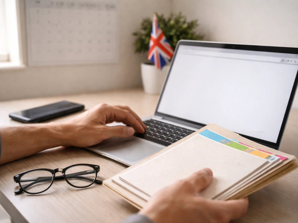 Person at desk downloading documents for UK company records, with laptop and folder for building an estimate