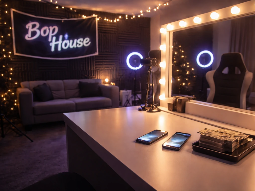 Minimal studio desk with phones, cash tray, and a “Bop House” banner in soft light, no people shown