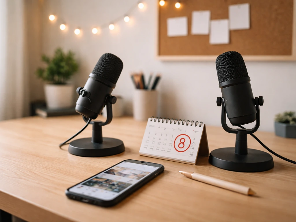 Minimal creative studio desk with microphones and a phone calendar page symbolizing a creator collective.