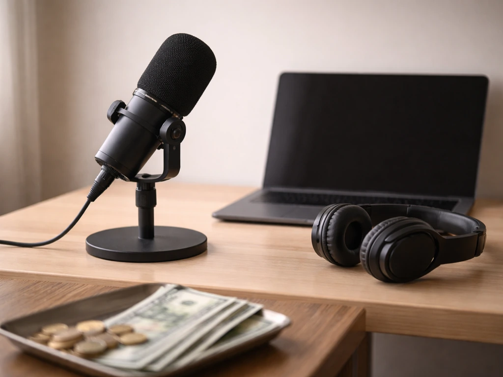 Minimal desk scene with headphones and scattered cash-like props suggesting online creator earnings