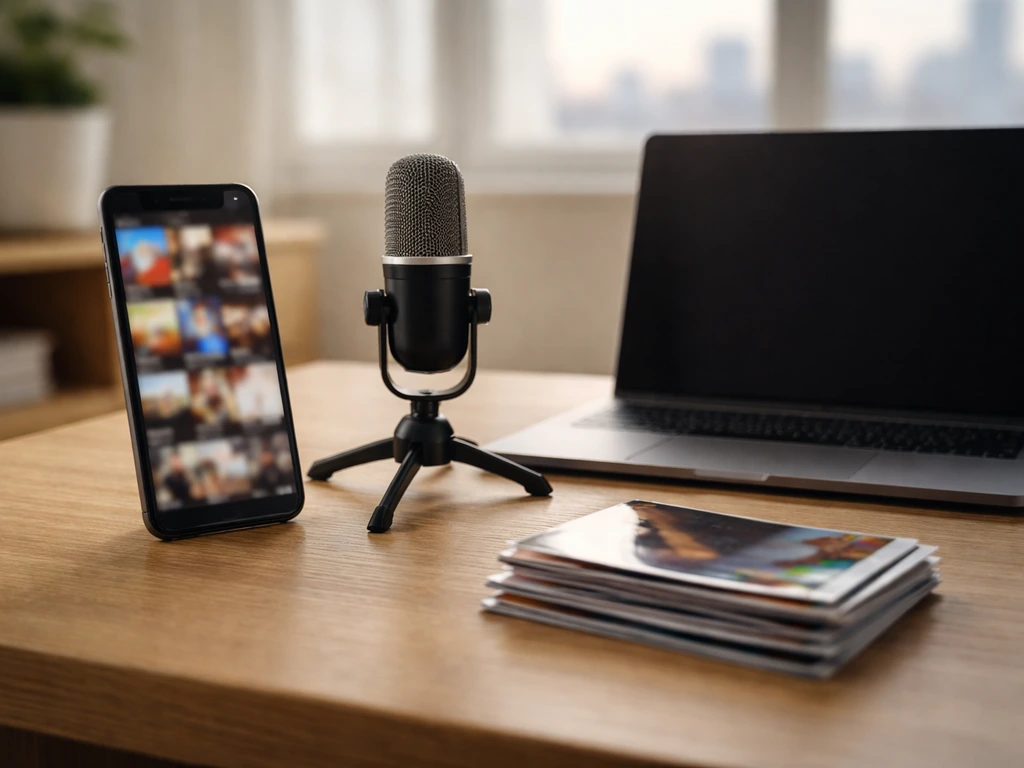 Minimal desk scene with phone, microphone, and layered media items symbolizing multiple income streams.