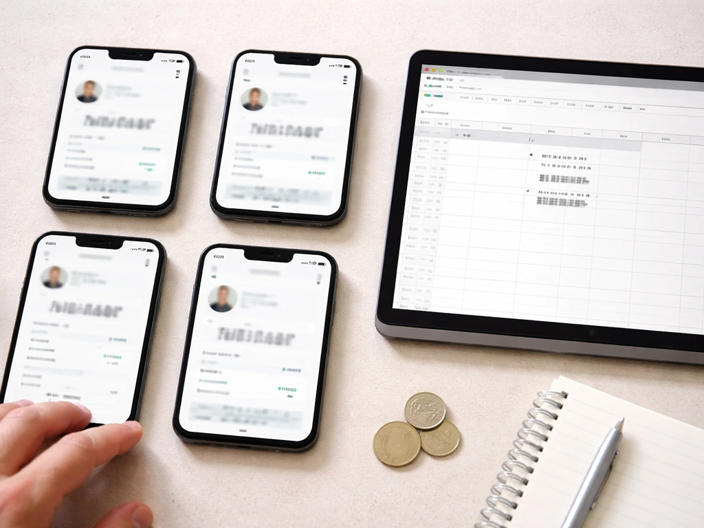 Overhead desk collage of anonymous social follower checks and a simple number-based calculator mockup for net-worth esti