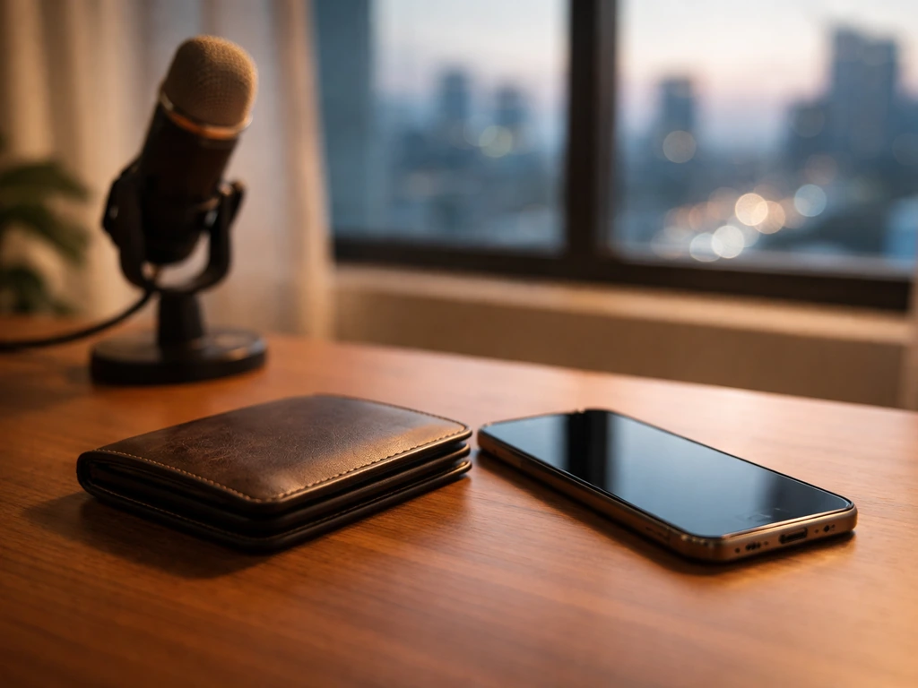 Minimal photo of a media professional’s desk with a smartphone, wallet, and soft city light backdrop