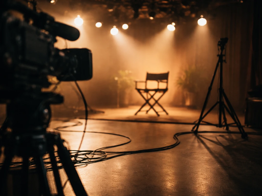 On-set TV studio with camera tripod and warm lights, showing a media production environment without people.