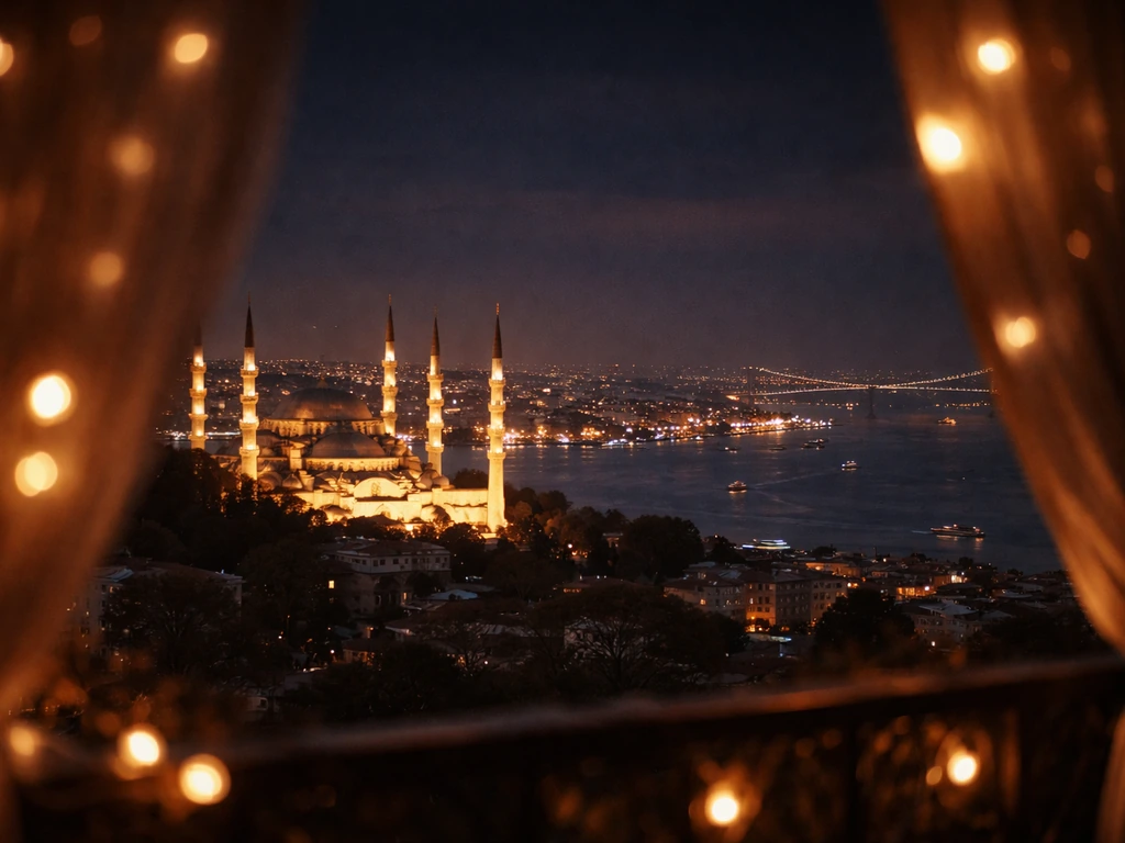 Turkish drama themed Netflix-like promo frame with scenic Istanbul lights and cinematic mood