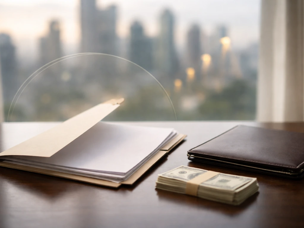 Minimal desk scene with documents and cash, subtle finance-themed light cues suggesting an estimate and sources.