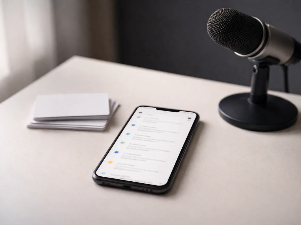 Smartphone and studio mic on a desk with blurred, unbranded search-results style screen.