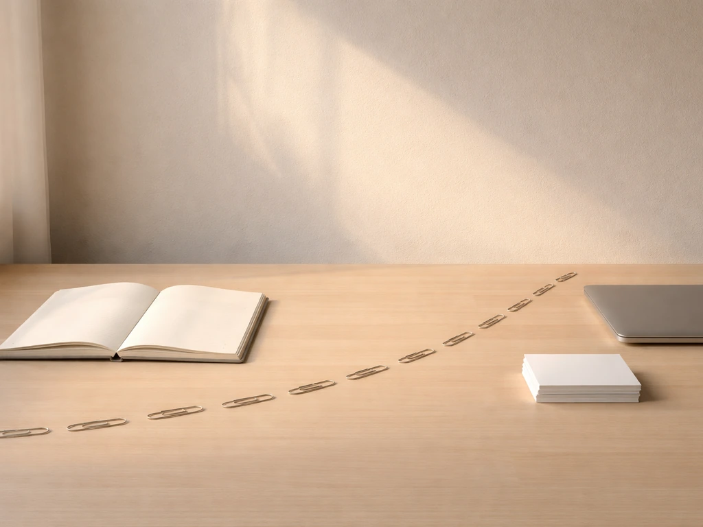 Minimal photo of a studio desk with a calendar pages and a rising light reflection symbolizing career momentum