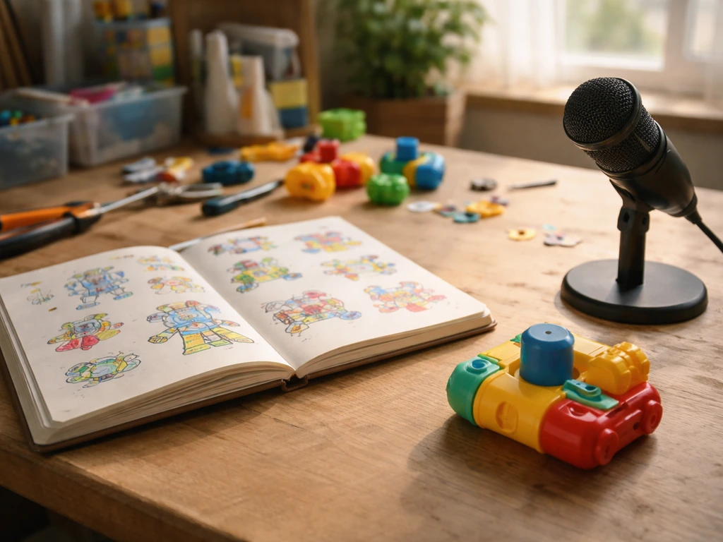 Sunlit toy invention studio desk with prototype parts, sketch notebook, and a microphone, no person shown.