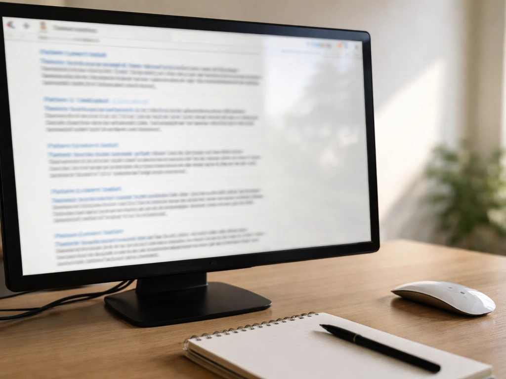 Close-up of a computer screen with blurred patent search results and a quiet office desk setup.
