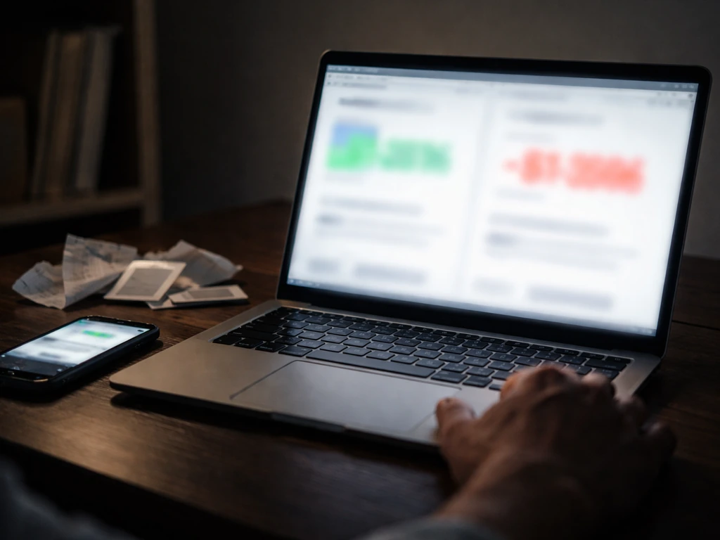 Desk scene with phone and laptop displaying blurred, mismatched financial numbers to suggest differing net-worth figures