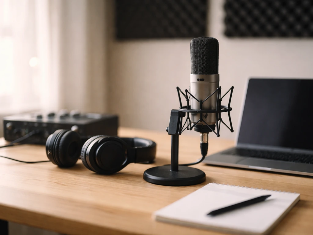 Minimal studio desk scene symbolizing music production and earning potential, with a microphone and focused lighting.
