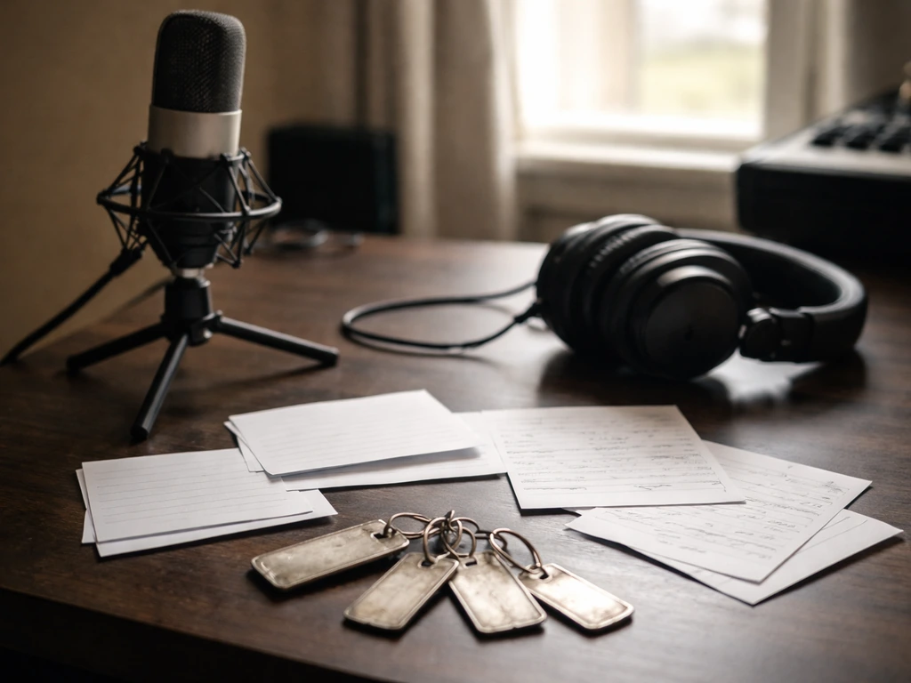 Close-up of a studio microphone and handwritten music note cards with producer alias-style cluttered keychains