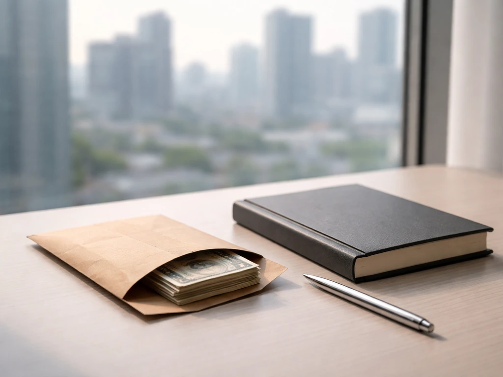 Minimal office scene with a notebook and cash envelope symbolizing a 2026 net worth estimate range